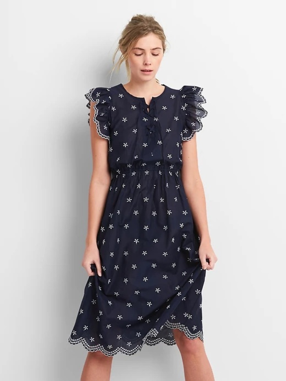 Prairiecore Floral Embroidered Ruffle Midi Dress Navy Cottagecore Feminine Boho
